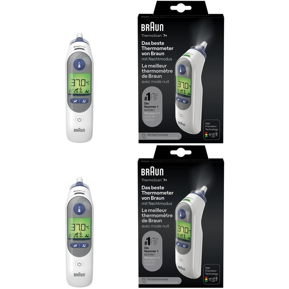 Thermometer Braun ThermoScan 7+. Weißes Gerät mit Display, Temperaturanzeige. Verpackung mit Produktabbildung und Text.