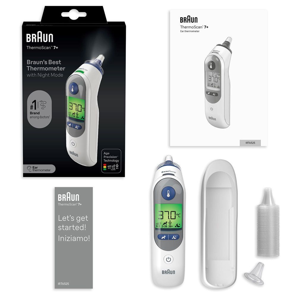 Braun ThermoScan 7+ mit Zubehör. Gerät, Schutzkappe, Bedienungsanleitung und Ersatzkappen.