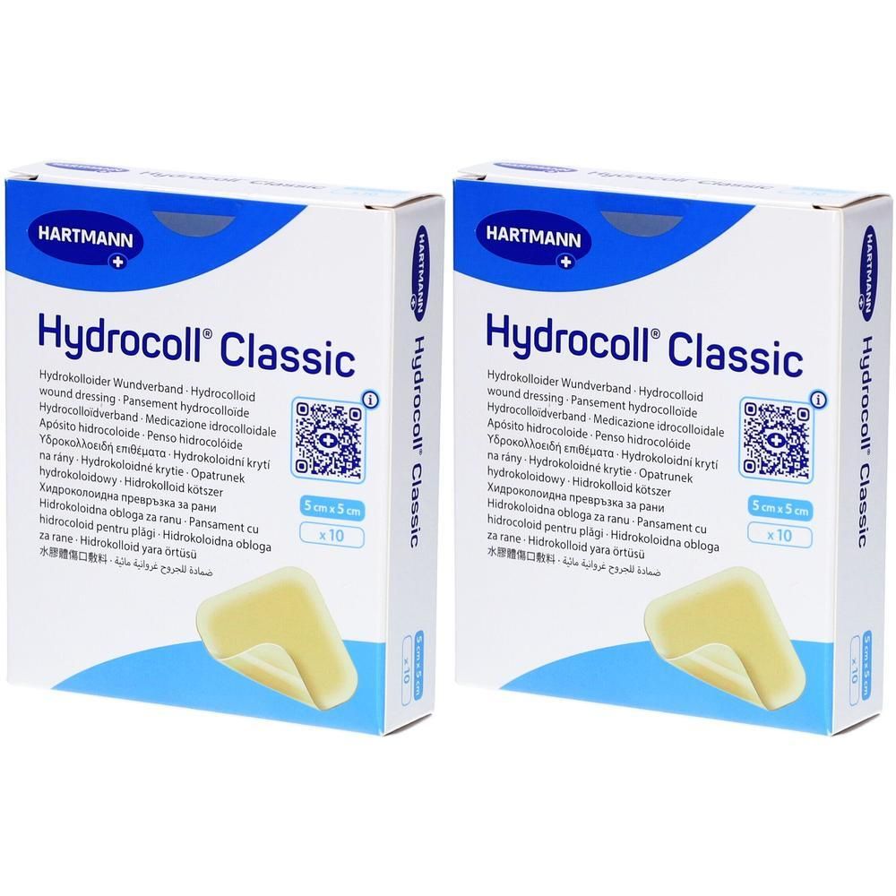 Zwei Packungen Hartmann Hydrocoll Classic Hydrokolloid-Pflaster, 5x5 cm, 10 Stück pro Packung.