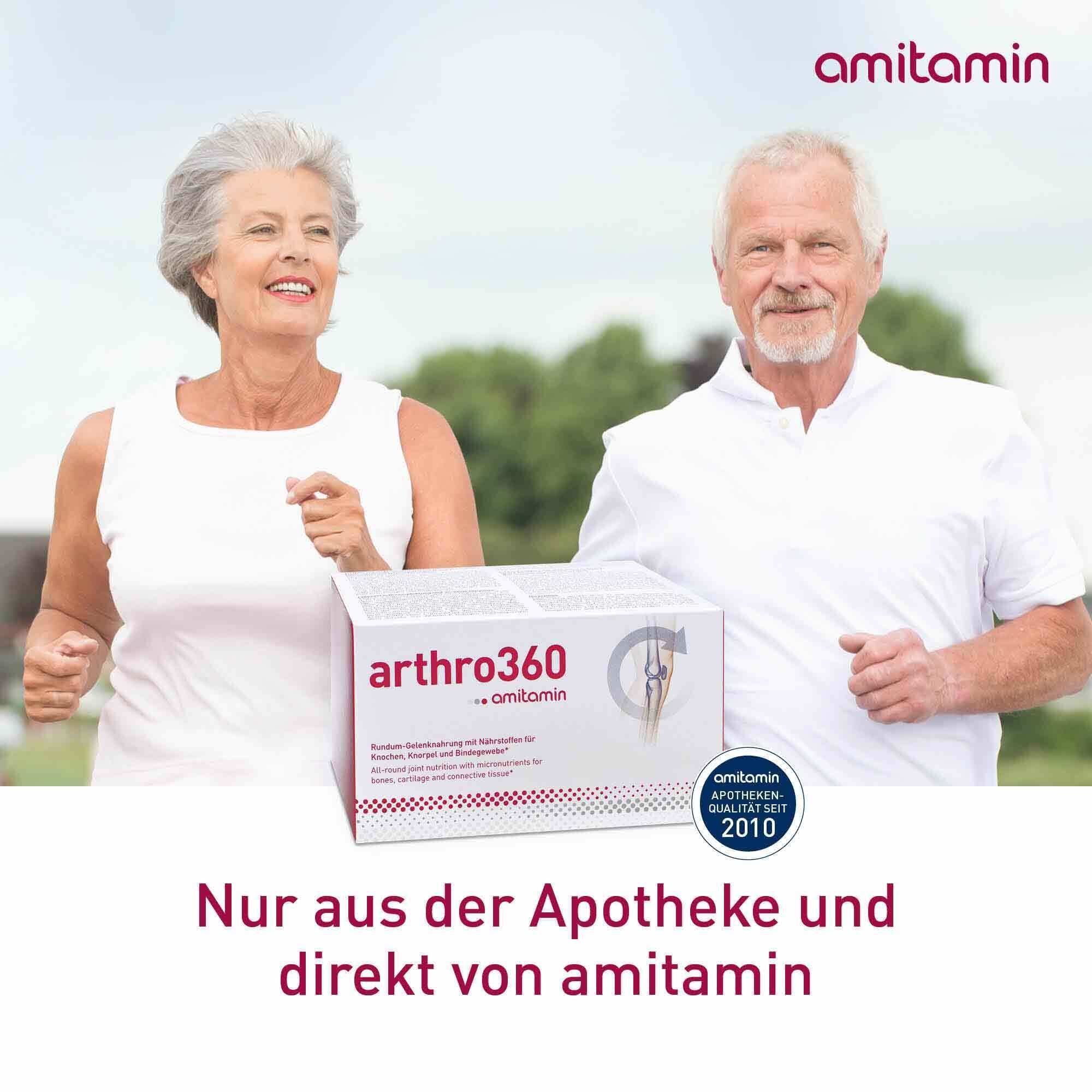 Älteres Ehepaar beim Joggen. Box arthro360 und Logo 'Apotheken Qualität seit 2010'. Text: Nur aus der Apotheke und direkt von amitamin.