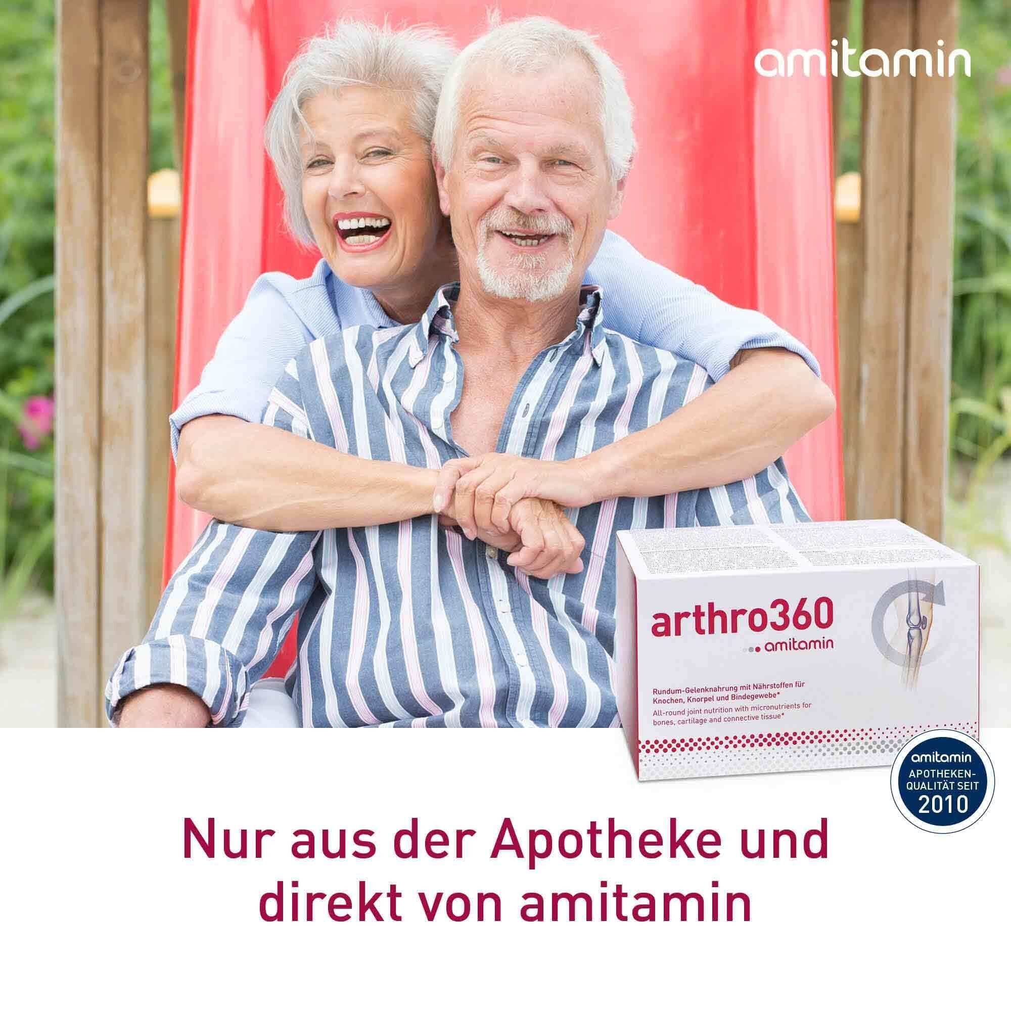 Älteres Ehepaar lächelt am Strand. Box arthro360 und Logo 'Apotheken Qualität seit 2010'. Text: Nur aus der Apotheke und direkt von amitamin.
