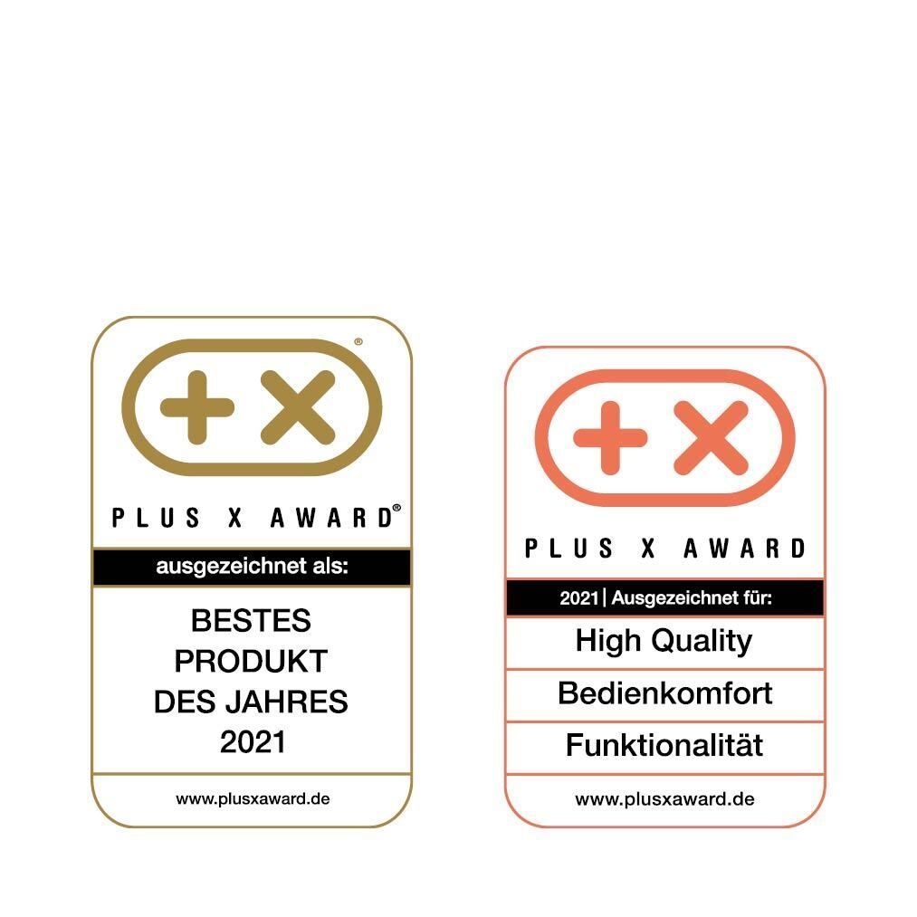 Zwei Plus X Award-Auszeichnungen. Eine für Bestes Produkt 2021, eine für High Quality, Bedienkomfort, Funktionalität.