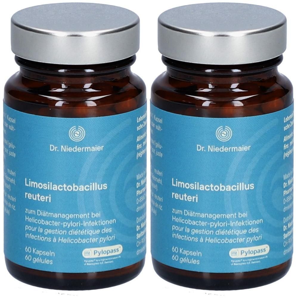 Zwei braune Glasflaschen mit silbernen Deckeln. Auf den Etiketten steht "Dr. Niedermaier Limosilactobacillus reuteri". Jede Flasche enthält 60 Kapseln.