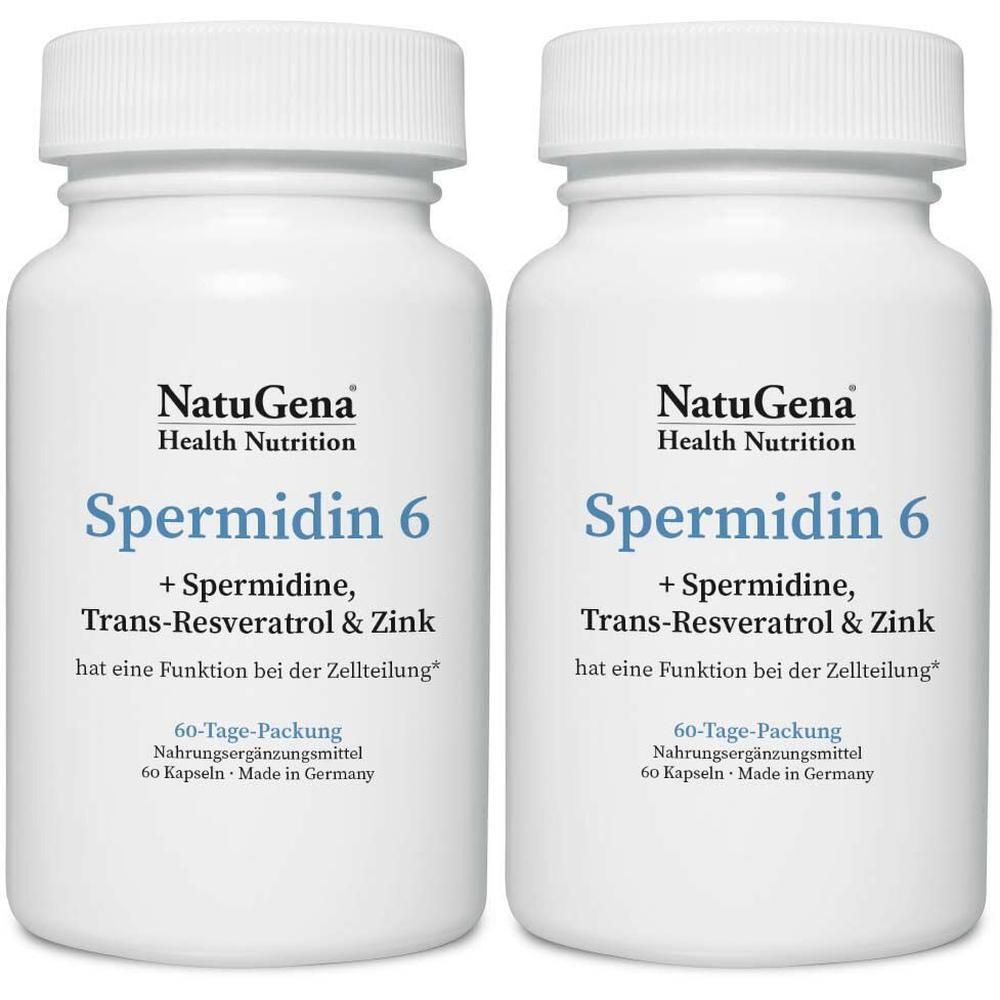 Zwei weiße Flaschen mit Kapseln. Aufschrift: Spermidin 6, Trans-Resveratrol & Zink. 60-Tage-Packung.