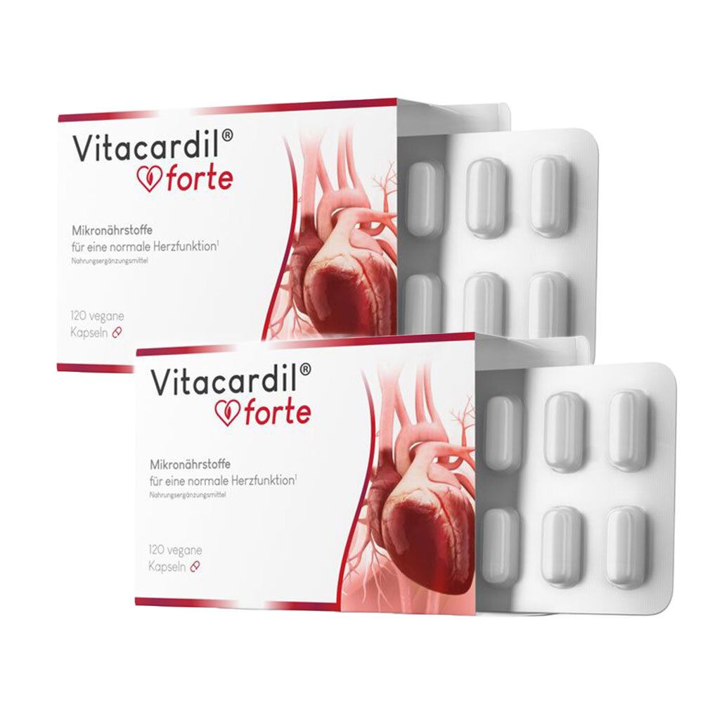 Vitacardil forte Kapseln mit Herzabbildung und Blisterpackungen.