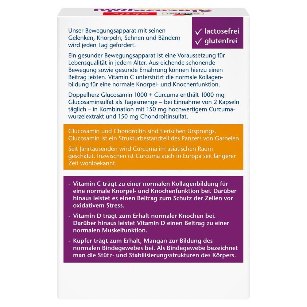 Rückseite der Doppelherz Glucosamin + Curcuma 1000 Packung. Text über Gelenke, Knorpel und Knochenfunktion. Enthält Informationen zu Inhaltsstoffen.