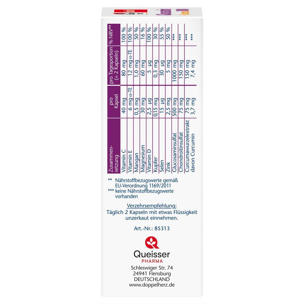 Seite der Doppelherz Glucosamin + Curcuma 1000 Packung. Enthält Nährwertangaben pro Portion und Inhaltsstoffe. Queisser Pharma Logo.