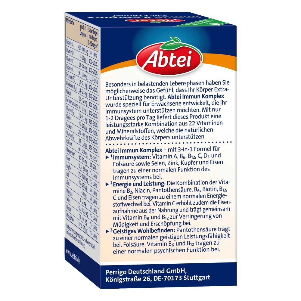 Rückseite der ABTEI Immun Komplex Verpackung. Text in deutscher Sprache. Enthält Informationen über das Produkt.