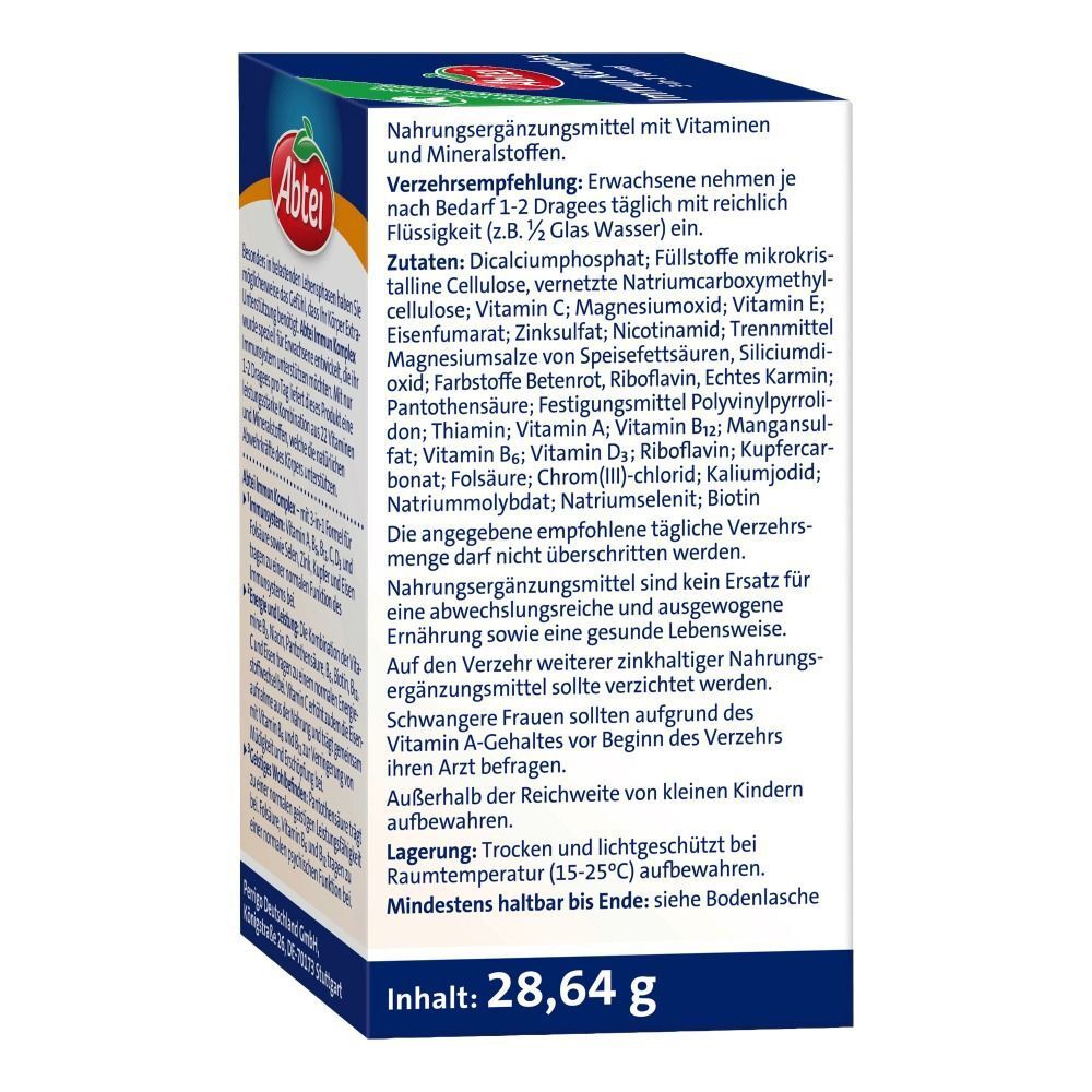 Rückseite der ABTEI Immun Komplex Verpackung. Text in deutscher Sprache. Enthält Informationen über Inhaltsstoffe und Lagerung.