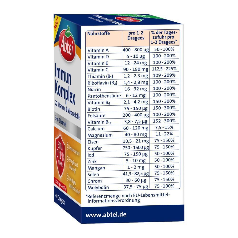 Rückseite der ABTEI Immun Komplex Verpackung. Tabelle mit Nährwertangaben pro Dragee. Text in deutscher Sprache.