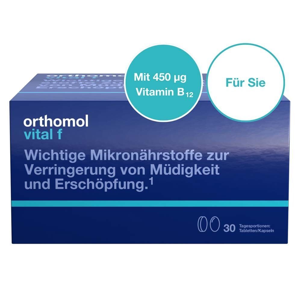 Orthomol vital f-Packung. Blaue Schachtel mit Text. 30 Tagesportionen Tabletten/Kapseln. Kreis mit Text.