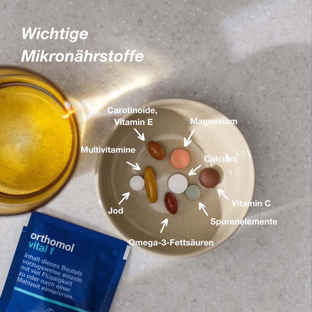 Schale mit Tabletten und Kapseln. Text: Wichtige Mikronährstoffe. Orthomol vital f-Beutel.
