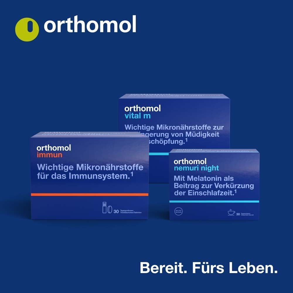Drei Orthomol-Produkte. Orthomol vital f, vital m, Immun, nemuri night. Blaue Kartons.