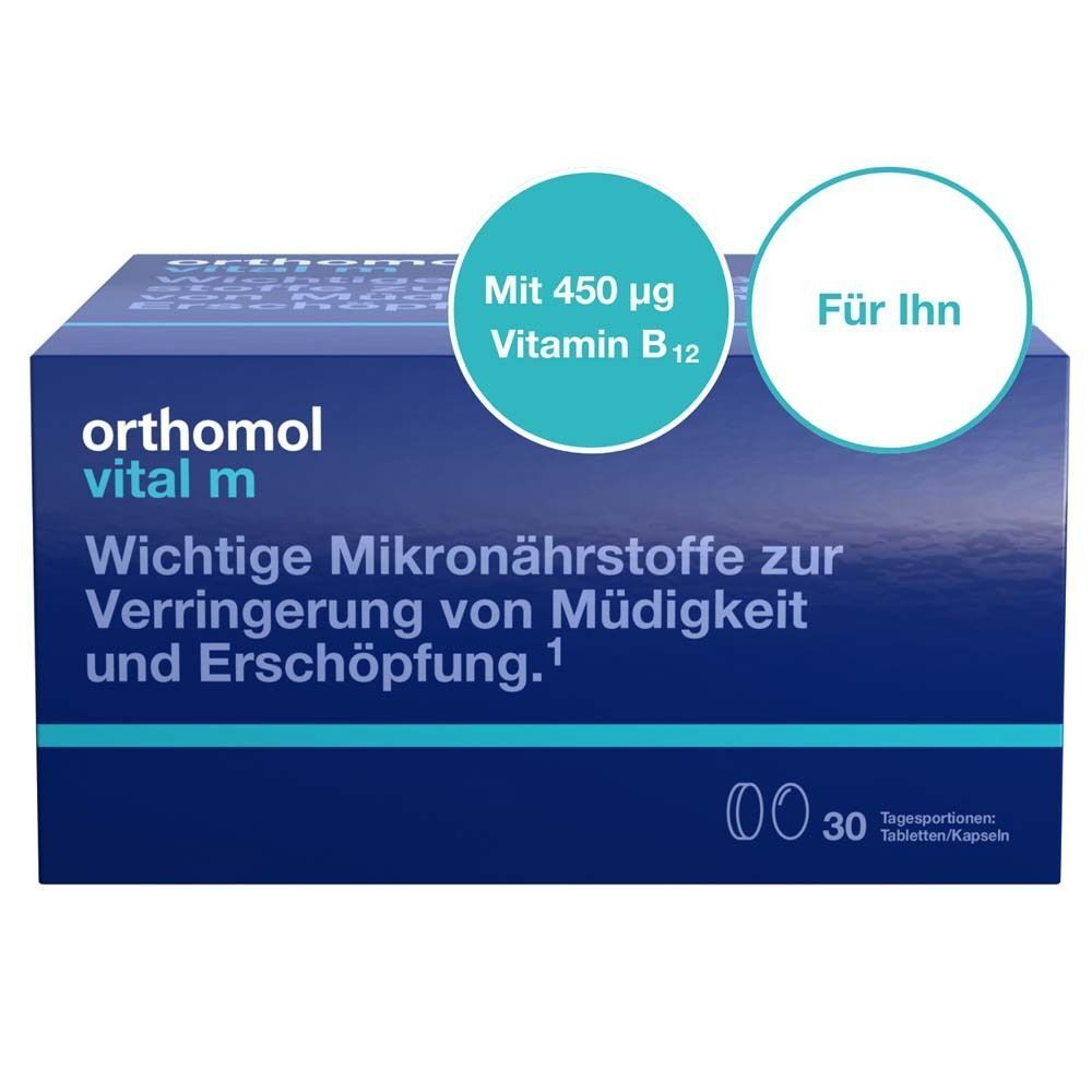 Blaue Schachtel Orthomol Vital m. Text: Mikronährstoffe für Männer. Mit Vitamin B12. 30 Tagesportionen.