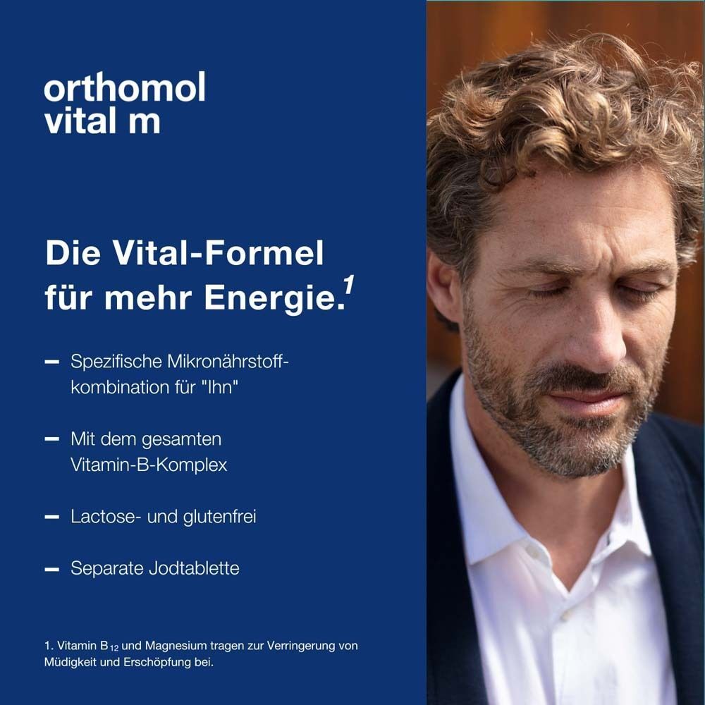 Mann schaut nach unten. Text: Die Vital-Formel für mehr Energie. Inhaltsstoffe: Vitamin B-Komplex, laktosefrei.
