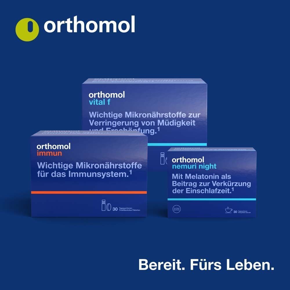 Drei blaue Schachteln: Orthomol Vital m, Orthomol Immun, Orthomol Nemuri night. Text: Bereit. Fürs Leben.