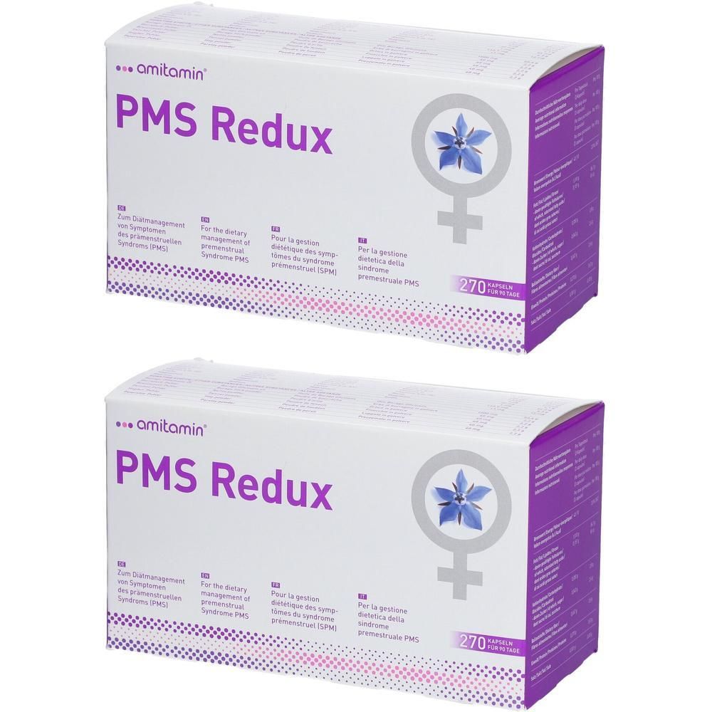 Zwei Schachteln mit "amitamin PMS Redux"-Kapseln. Weiße Verpackung mit lila Akzenten und Produktnamen. Enthält 270 Kapseln.
