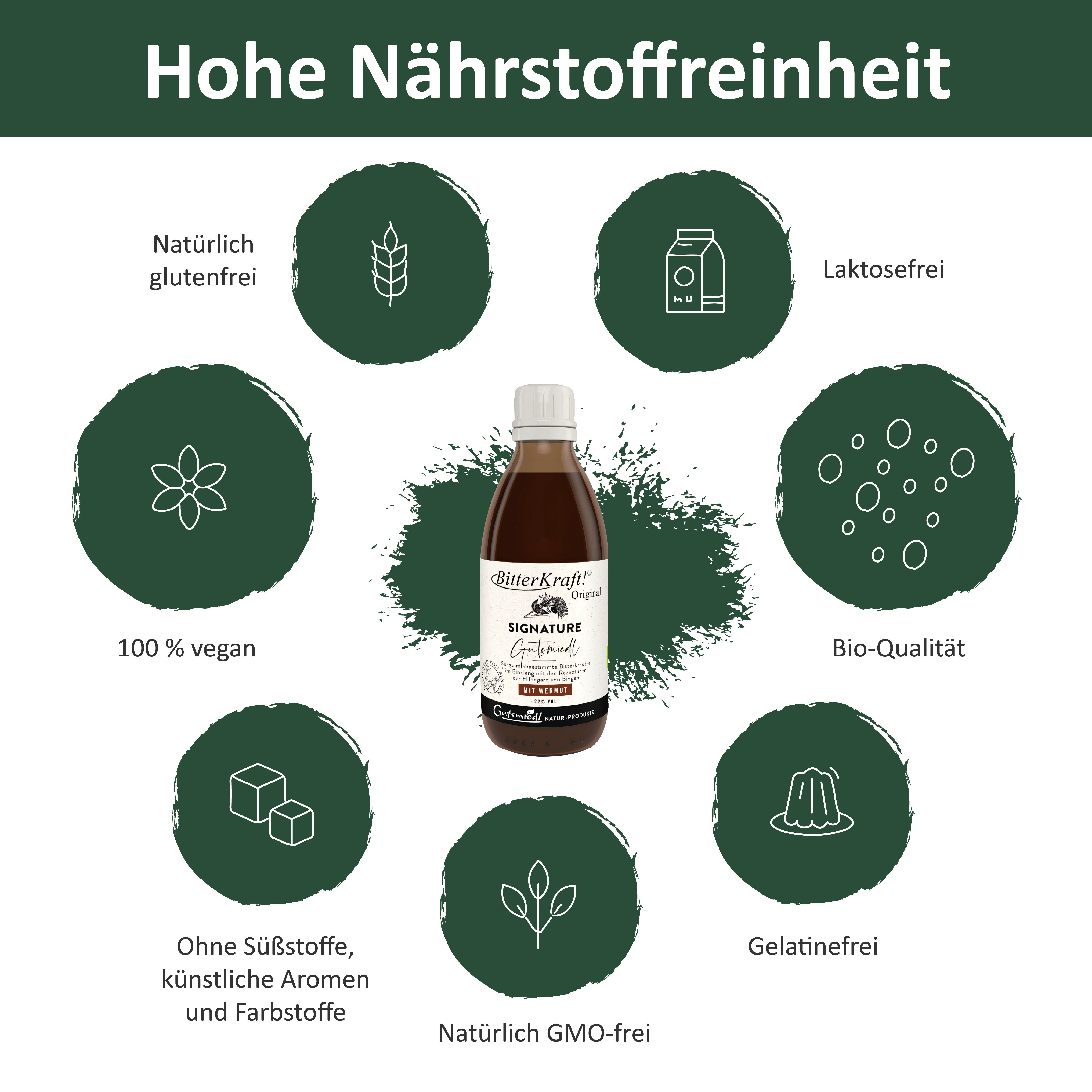 Flasche BitterKraft! Original umgeben von Icons: Glutenfrei, vegan, laktosefrei, Bio.