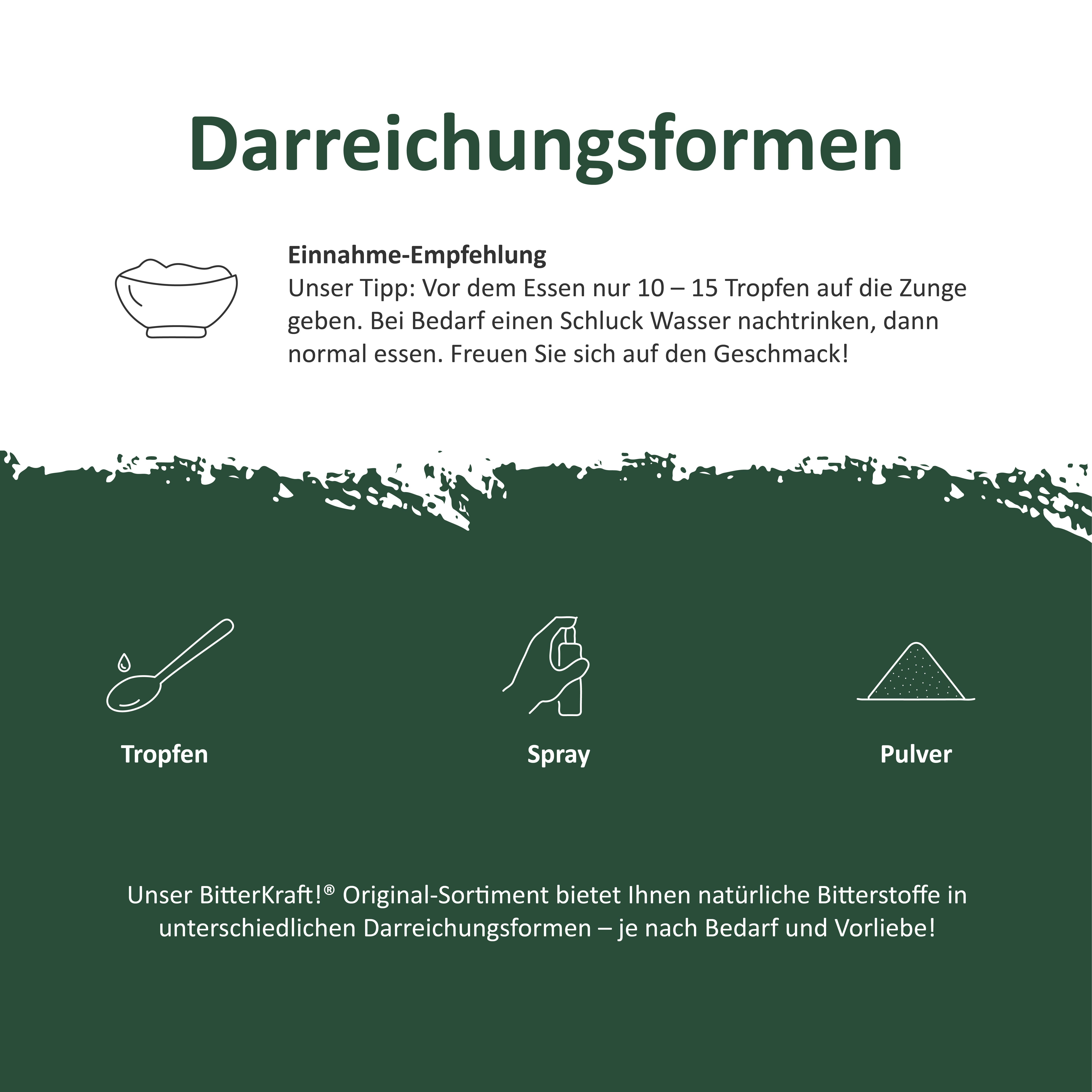 Darreichungsformen von BitterKraft! Original: Tropfen, Spray, Pulver.