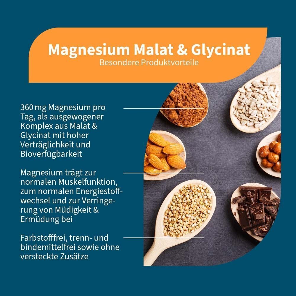 Grafik mit Zutaten in Holzlöffeln: Mandeln, Buchweizen, Schokolade, Haselnüsse. Text: Magnesium Malat & Glycinat.