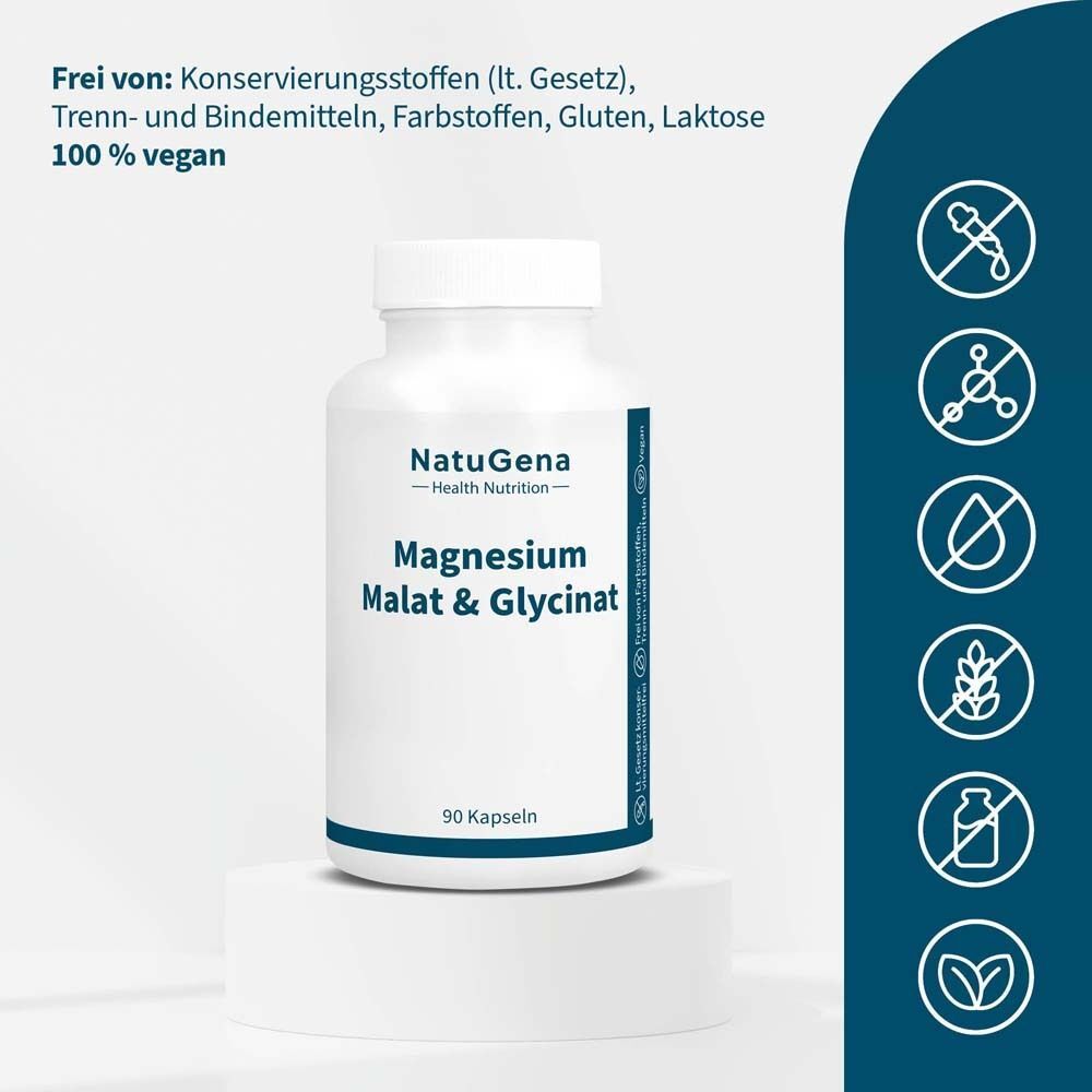Eine weiße Flasche mit Etikett. Aufschrift: NatuGena, Magnesium Malat & Glycinat, 90 Kapseln. Text: 100% vegan.