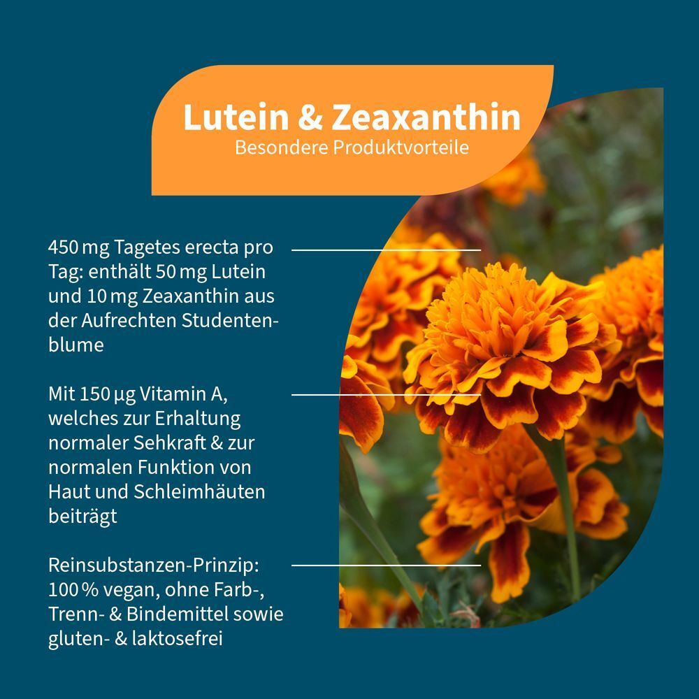 Infografik mit Tagetesblüten. Text: Lutein & Zeaxanthin, 450 mg Tagetes erecta, 50 mg Lutein, 10 mg Zeaxanthin, 150 µg Vitamin A.