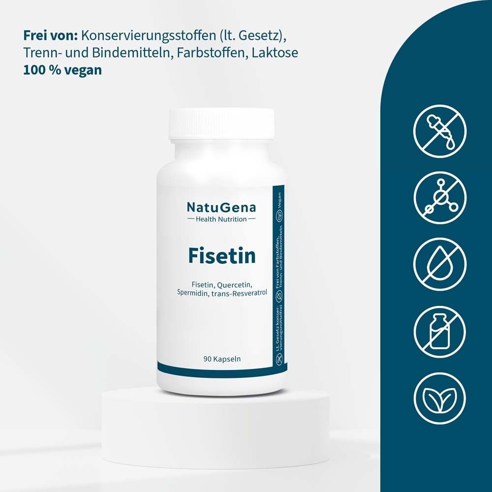 Eine Flasche NatuGena Fisetin Kapseln, 90 Kapseln. Vegan, ohne Laktose.