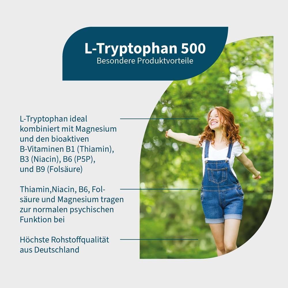 Eine Frau läuft auf einer Wiese. Text: L-Tryptophan 500, Magnesium und bioaktive B-Vitamine. Vorteile: B-Vitamine, Magnesium.