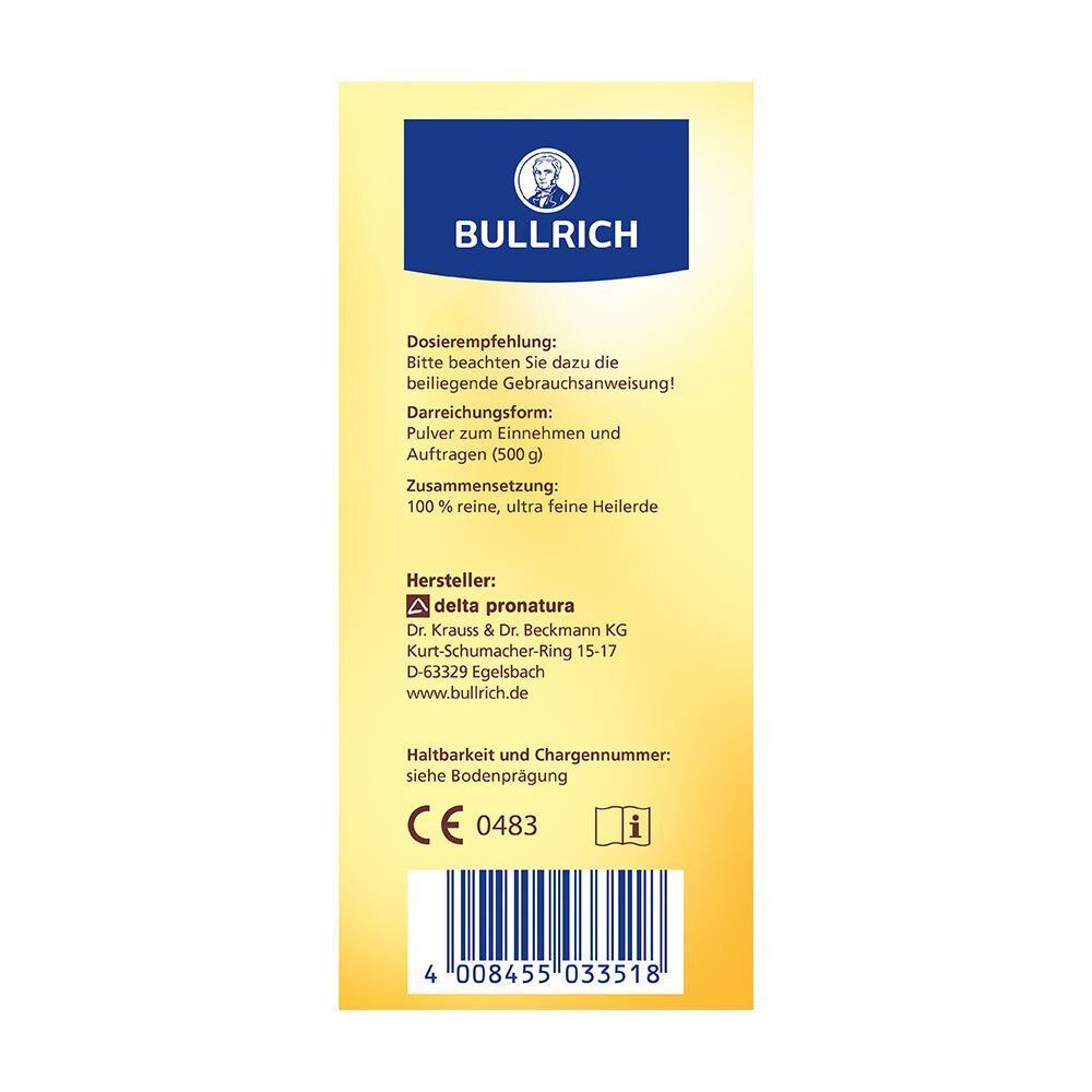 Rückseite der Heilerde-Verpackung. Gelber Hintergrund mit blauer Schrift. Enthält Informationen und CE-Kennzeichnung.
