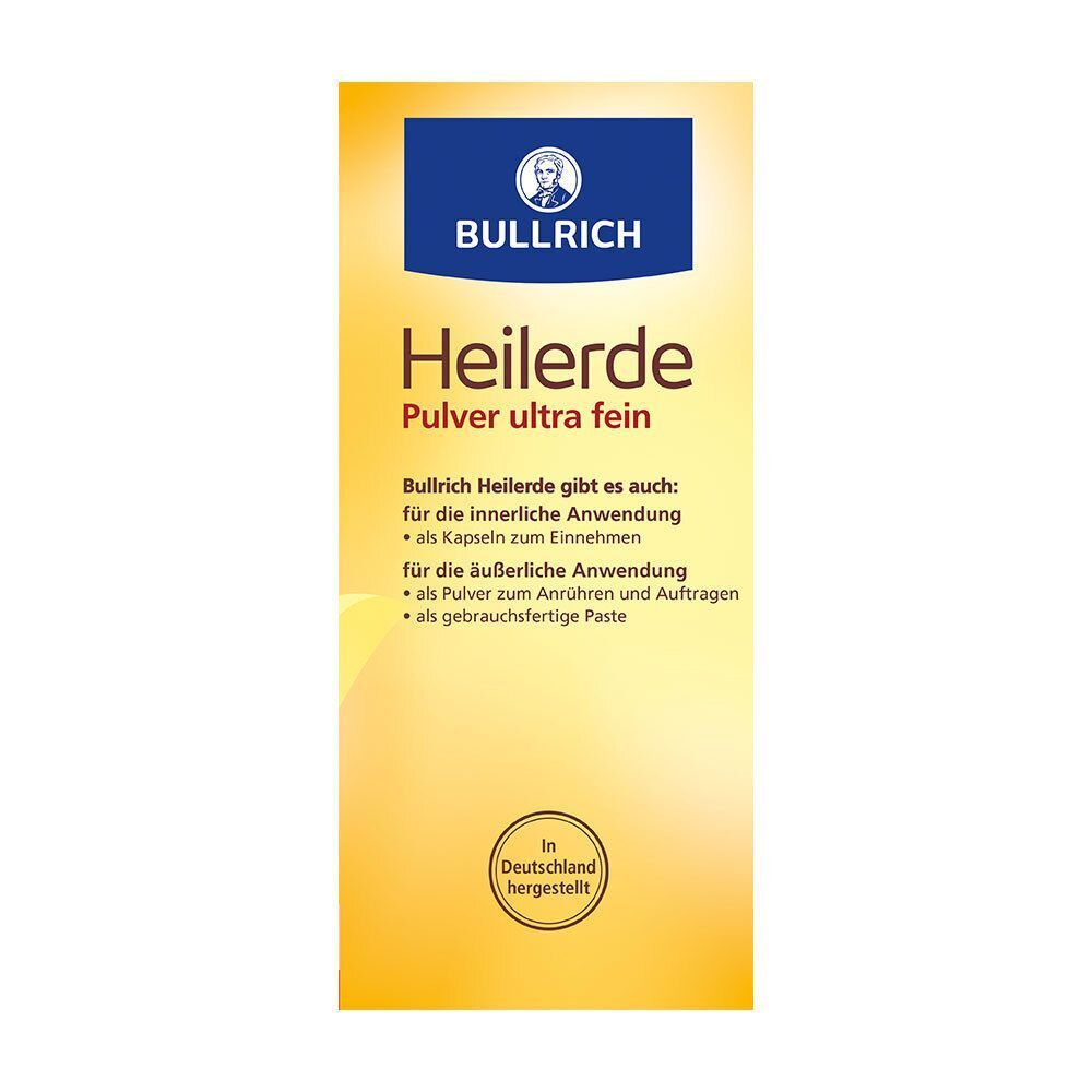 Schmale Heilerde-Verpackung. Gelber Hintergrund mit blauem Logo und Produktbezeichnung. Text über Anwendungen.