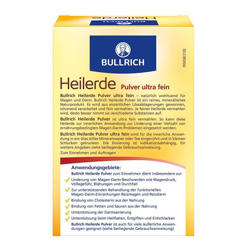 Rückseite der Heilerde-Verpackung. Gelber Hintergrund mit blauem Logo und Produktinformationen. Text.