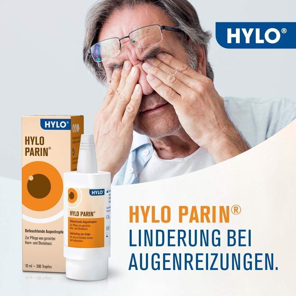 Mann reibt sich die Augen neben einer Flasche HYLO-PARIN® Augentropfen und Verpackung.