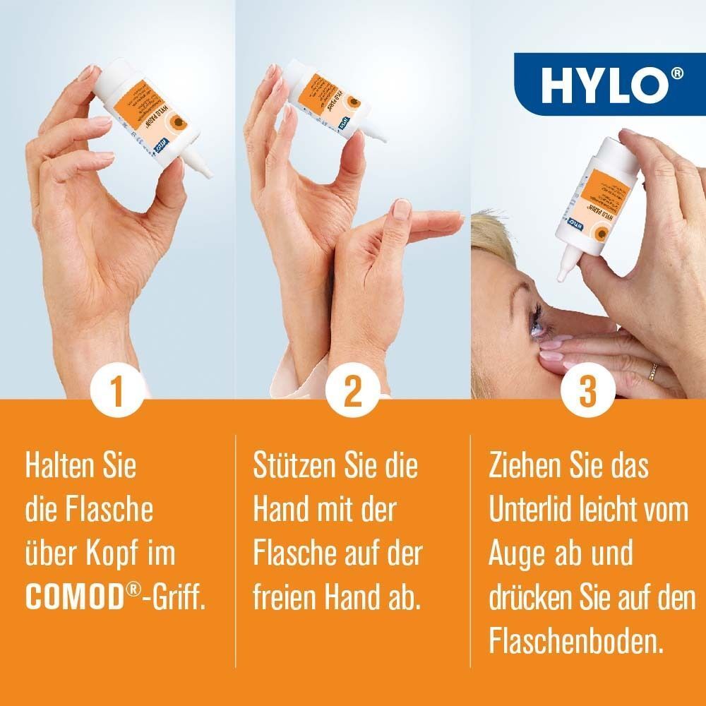 Schritt-für-Schritt-Anleitung zur Anwendung von HYLO-PARIN® Augentropfen mit dem COMOD®-Griff.