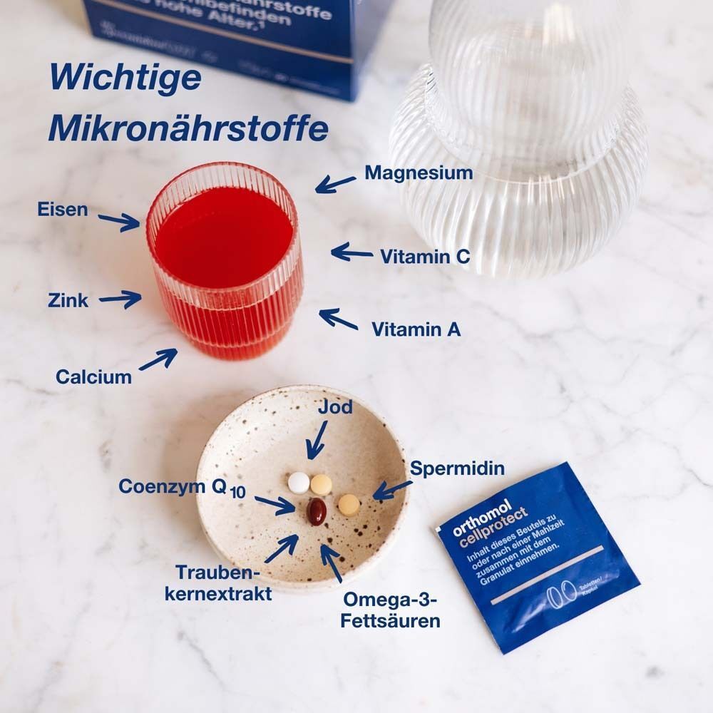 Glas mit roter Flüssigkeit, Tabletten, Kapsel und blaue Packung. Beschriftung: "orthomol cellprotect".