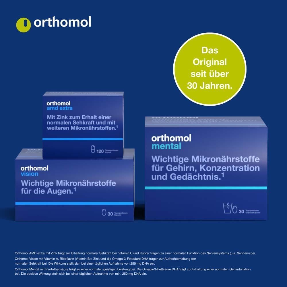 Drei blaue Kartons mit "orthomol". Text: "Wichtige Mikronährstoffe".