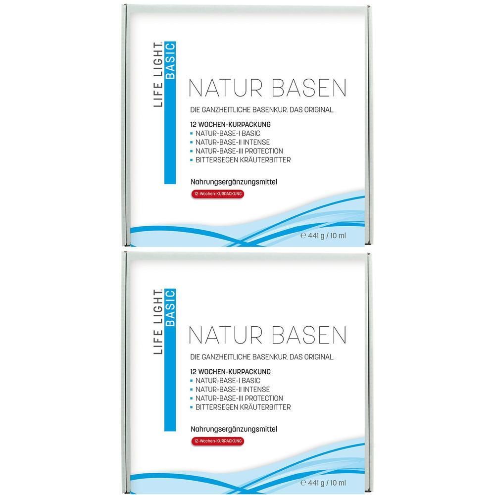 Zwei weiße Kartons mit Produktinformationen. Aufschrift: LIFE LIGHT BASIC, NATUR BASEN, 12 Wochen Kurpackung. Nahrungsergänzungsmittel.
