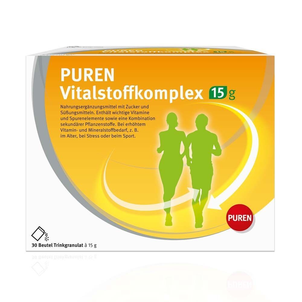 PUREN Vitalstoffkomplex-Packung. Weiße Schachtel mit gelbem Kreis und Läufer-Silhouette. Text: 15g, 30 Beutel.