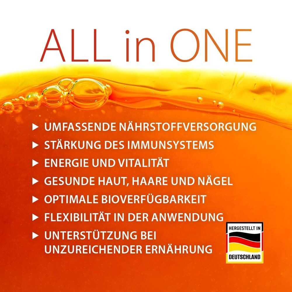 Text: ALL in ONE. Aufzählung von Vorteilen: Nährstoffversorgung, Immunsystem, Energie, Haut, Haare, Nägel, etc. Hergestellt in Deutschland.
