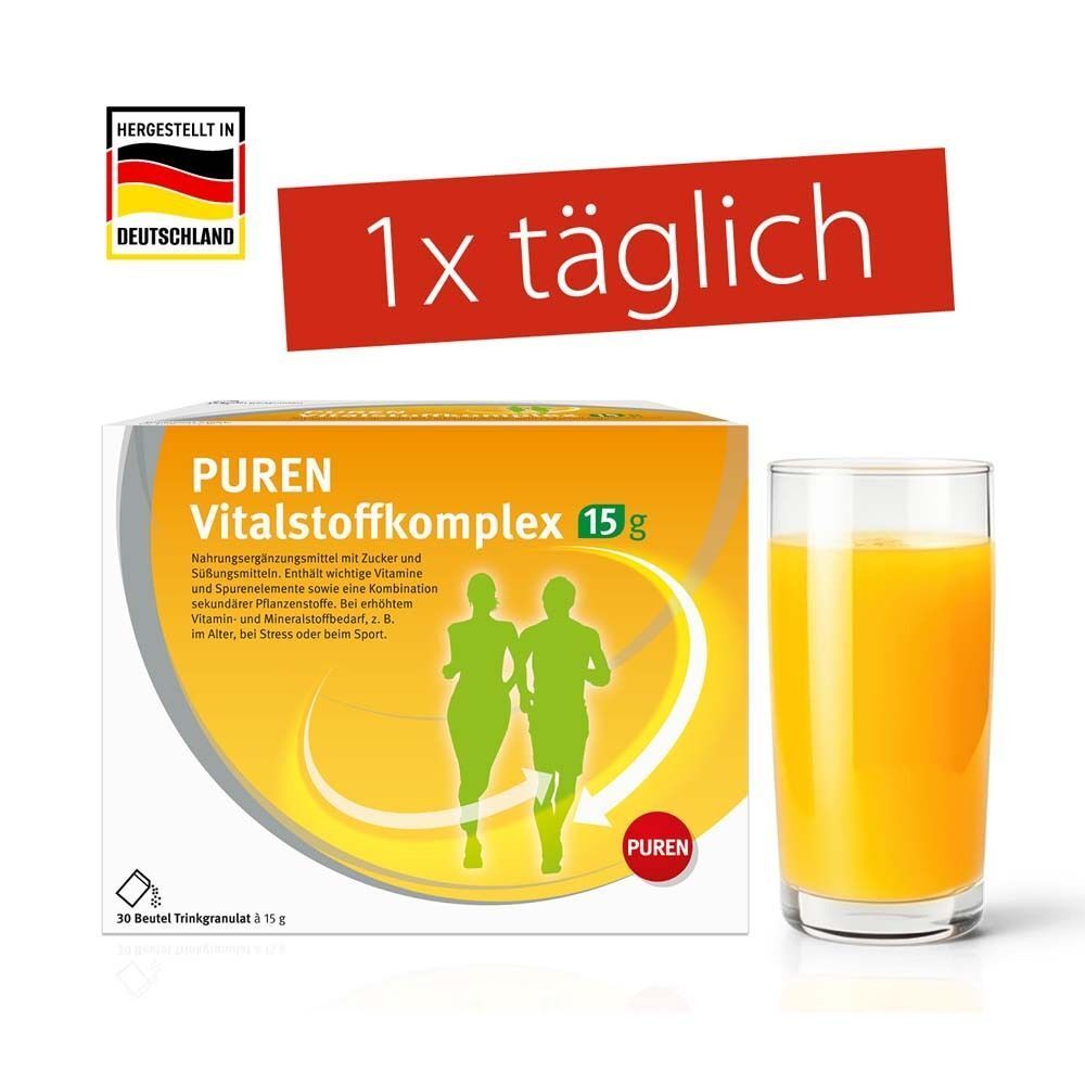 PUREN Vitalstoffkomplex-Packung neben Glas Orangensaft. Text: 1x täglich. Hergestellt in Deutschland. 30 Beutel Trinkgranulat.