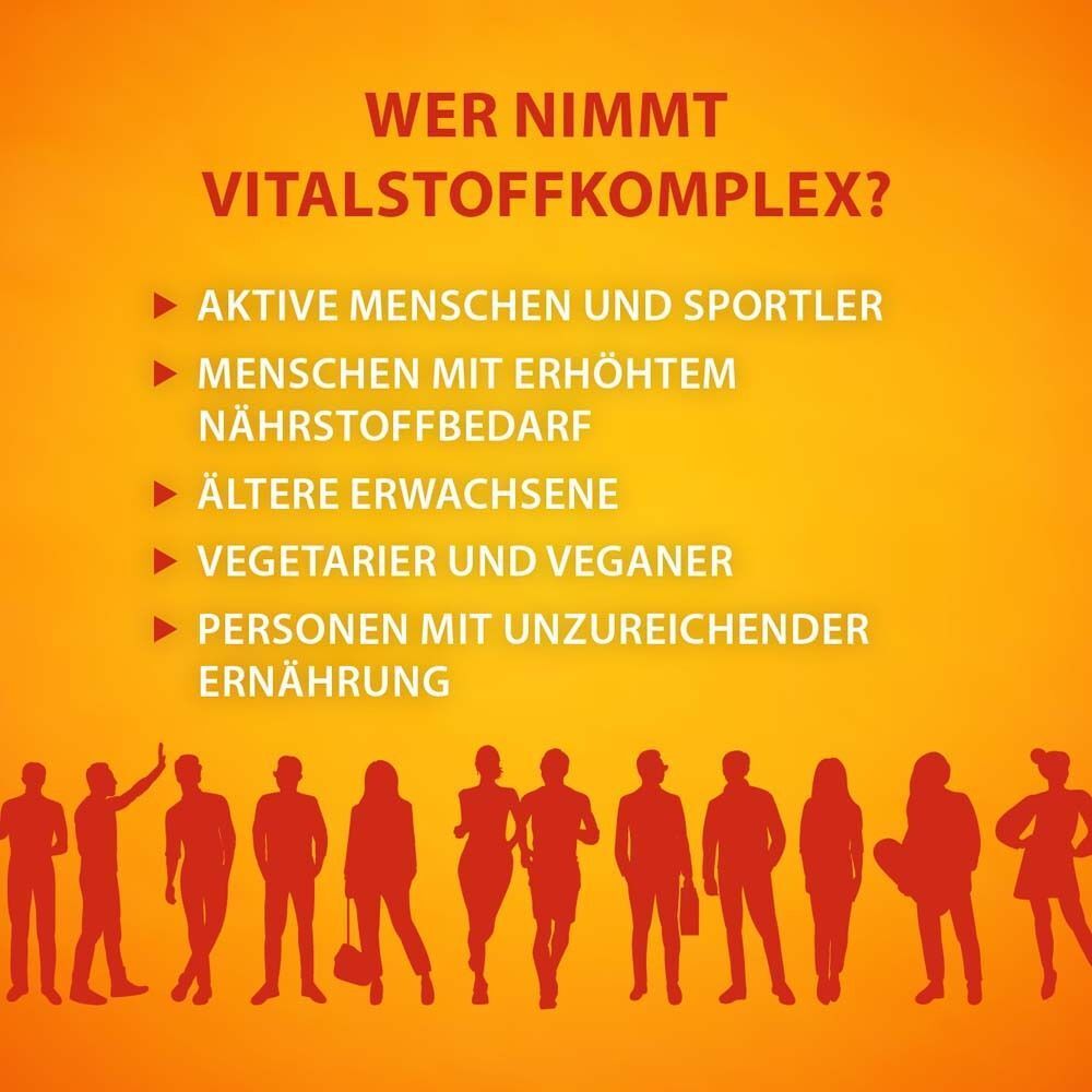 Text: WER NIMMT Vitalstoffkomplex? Aufzählung von Zielgruppen: Aktive, Menschen mit Bedarf, Ältere, Vegetarier, etc. Silhouette.