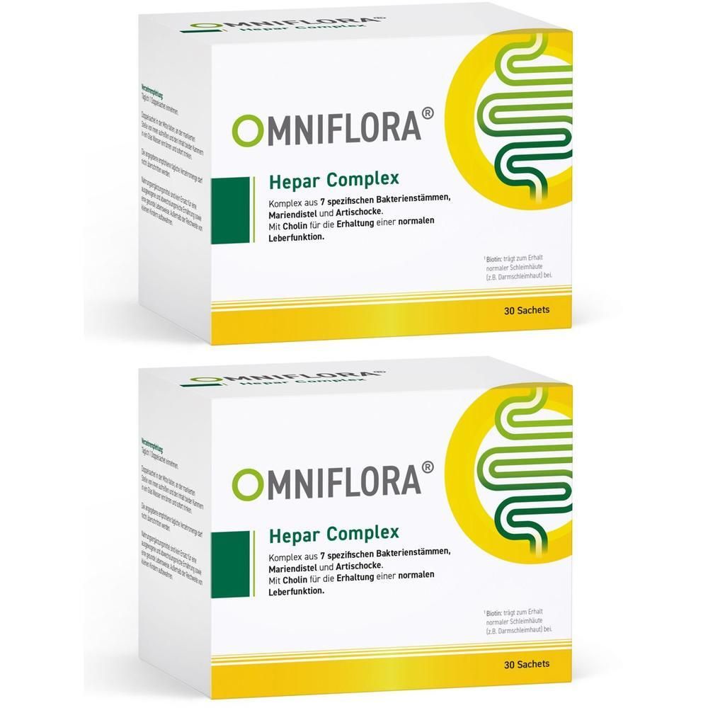 Zwei Packungen OMNIFLORA Hepar Complex mit Cholin, glutenfrei, 30 Beutel pro Packung.