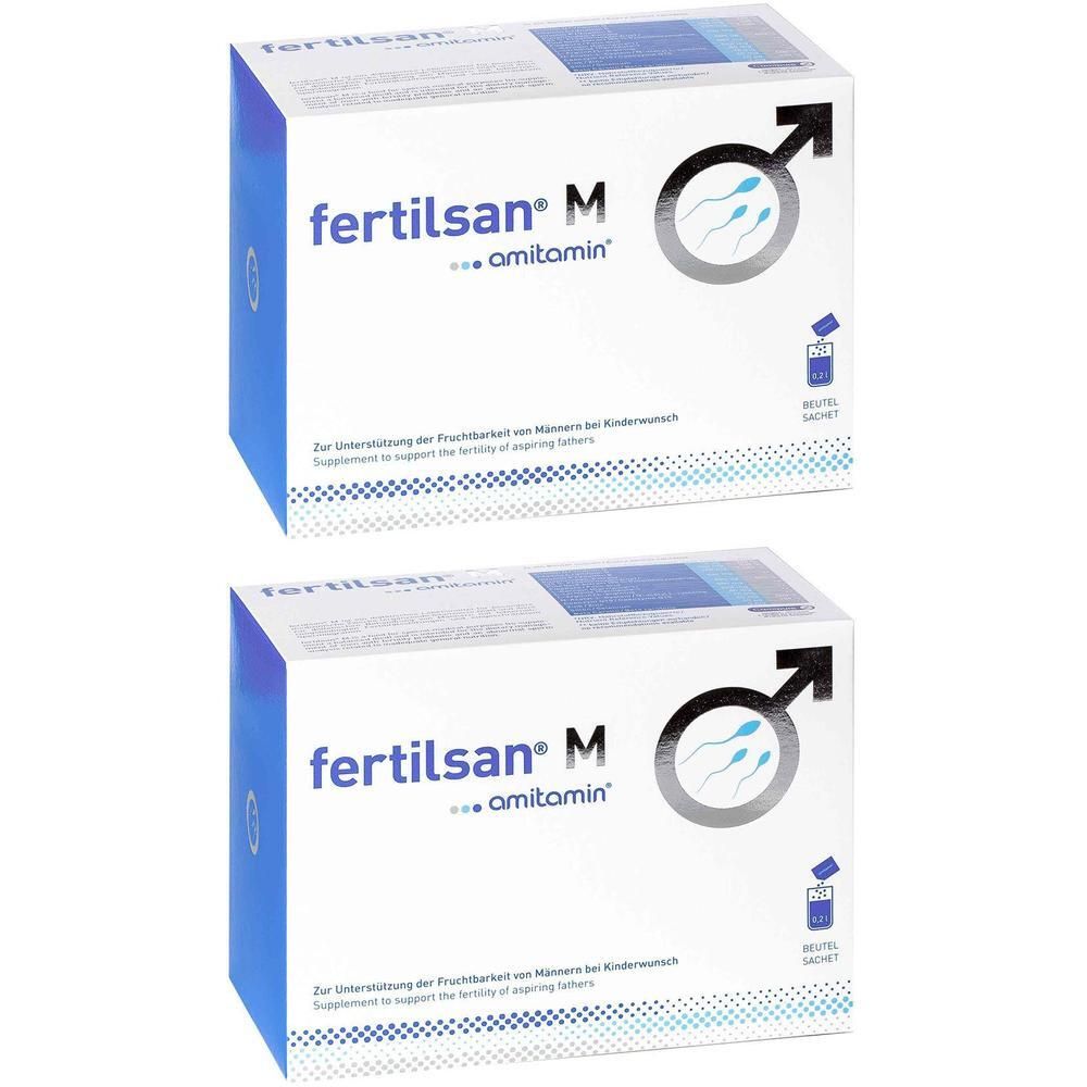 Zwei Packungen amitamin® fertilsan® M. Weiße Kartons mit blauen Akzenten und Produktlogo.