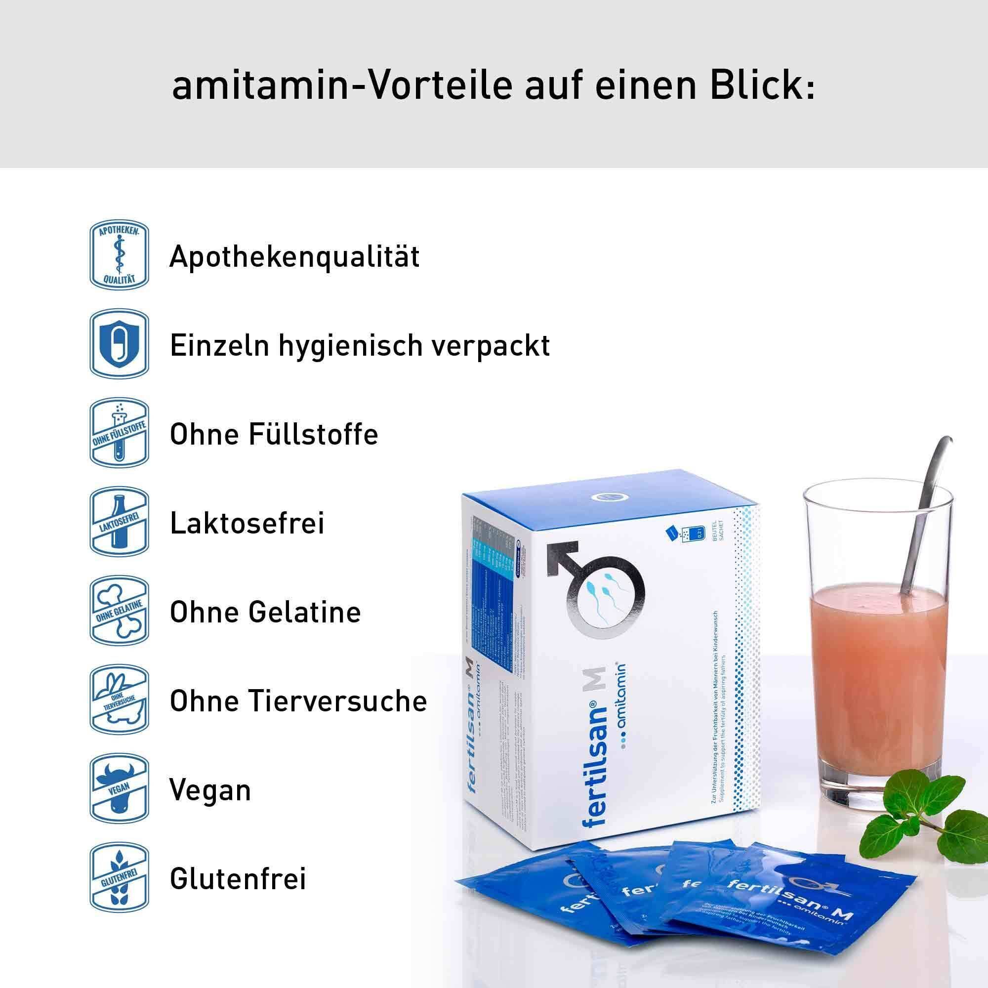 Vorteile von amitamin®: Apothekenqualität, hygienisch verpackt, ohne Füllstoffe, laktosefrei, vegan.