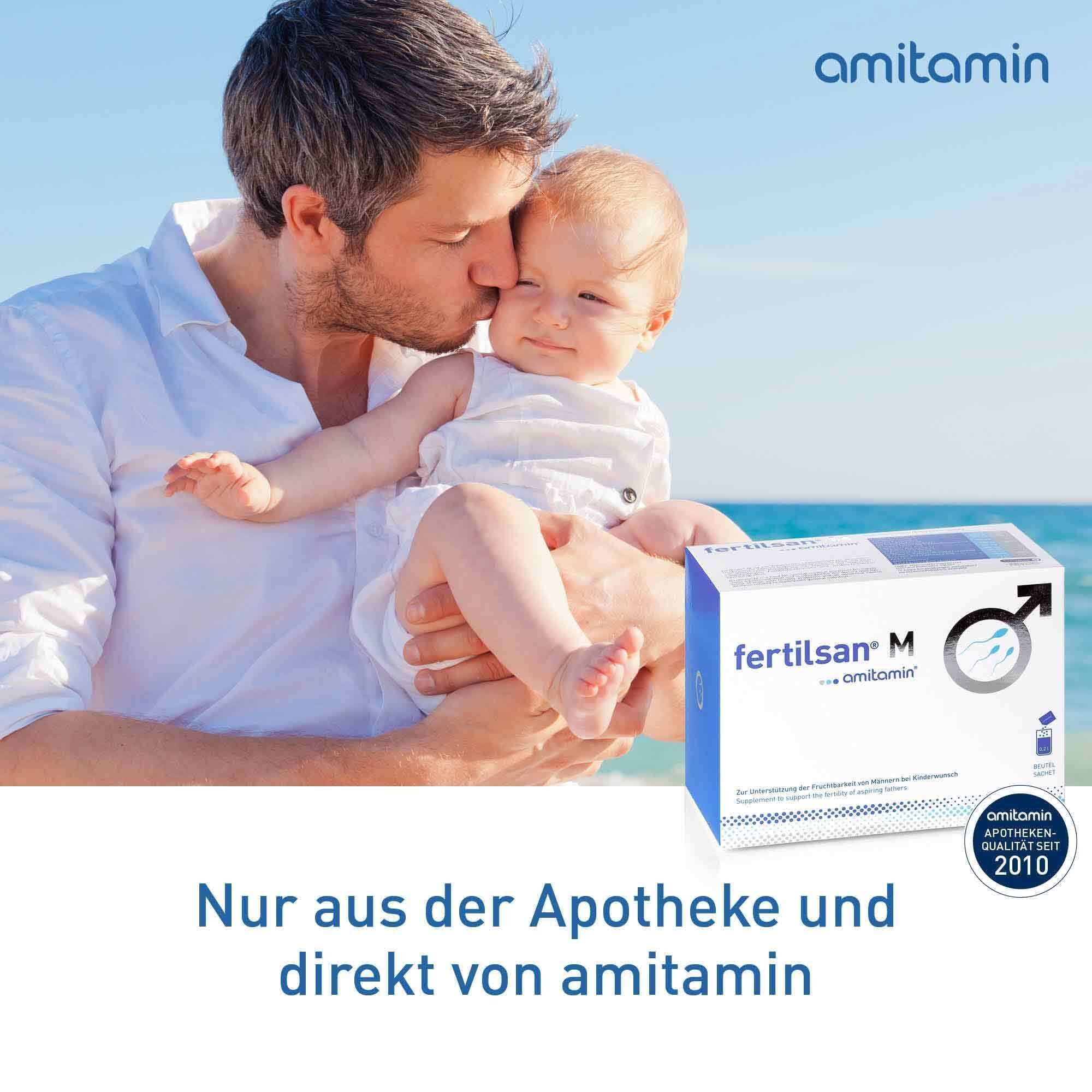 Vater küsst Baby, am Strand. Packung amitamin® fertilsan® M. Text: Nur aus der Apotheke und direkt von amitamin.