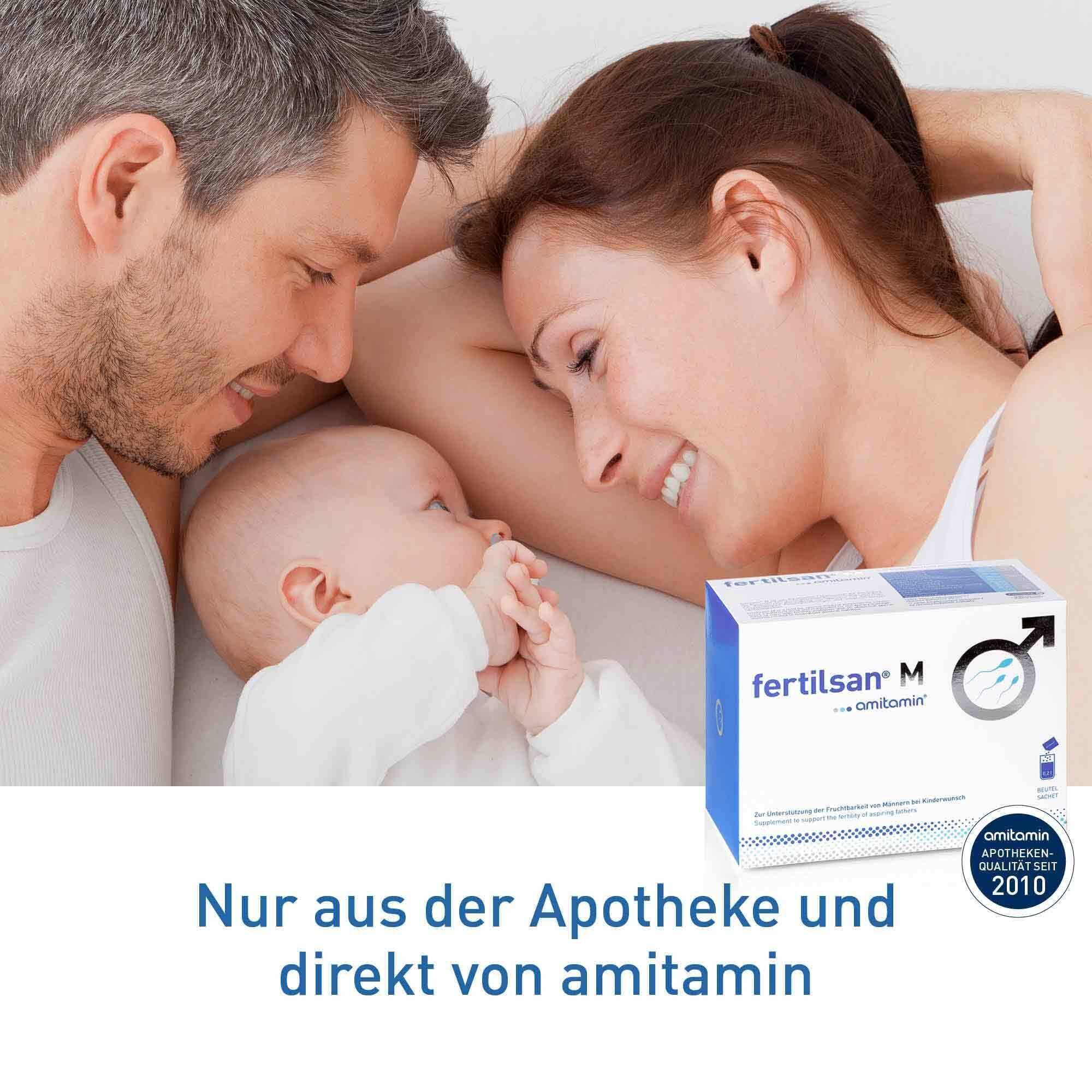 Eltern mit Baby im Bett. Packung amitamin® fertilsan® M. Text: Nur aus der Apotheke und direkt von amitamin.