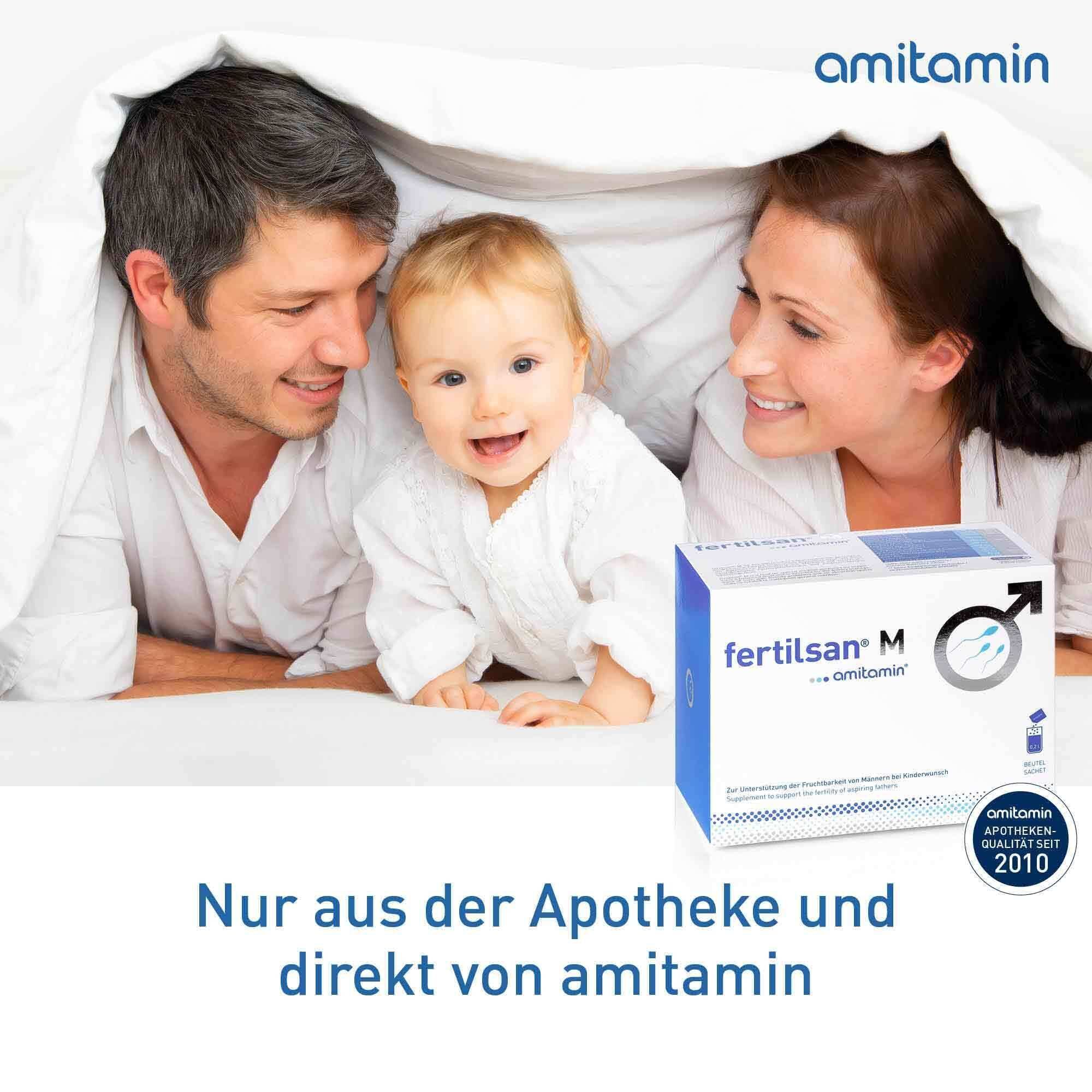Eltern mit Baby unter Decke. Packung amitamin® fertilsan® M. Text: Nur aus der Apotheke und direkt von amitamin.