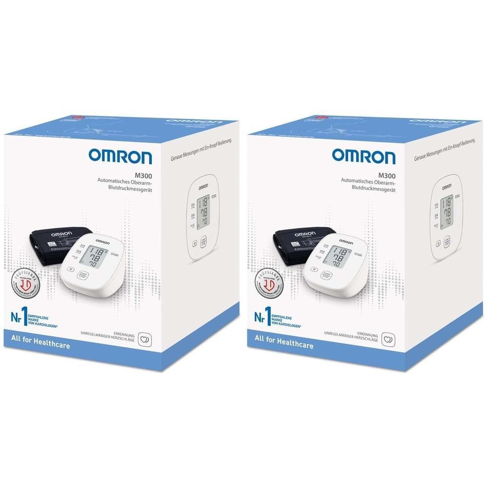 Zwei Verpackungen des OMRON M300 Blutdruckmessgeräts. Weiße Kartons mit Produktabbildung und Markennamen. Aufdruck "Nr. 1".