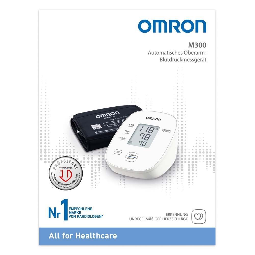 Verpackung des OMRON M300. Gerät und Manschette abgebildet. Text: OMRON, M300, Automatisches Oberarm-Blutdruckmessgerät.