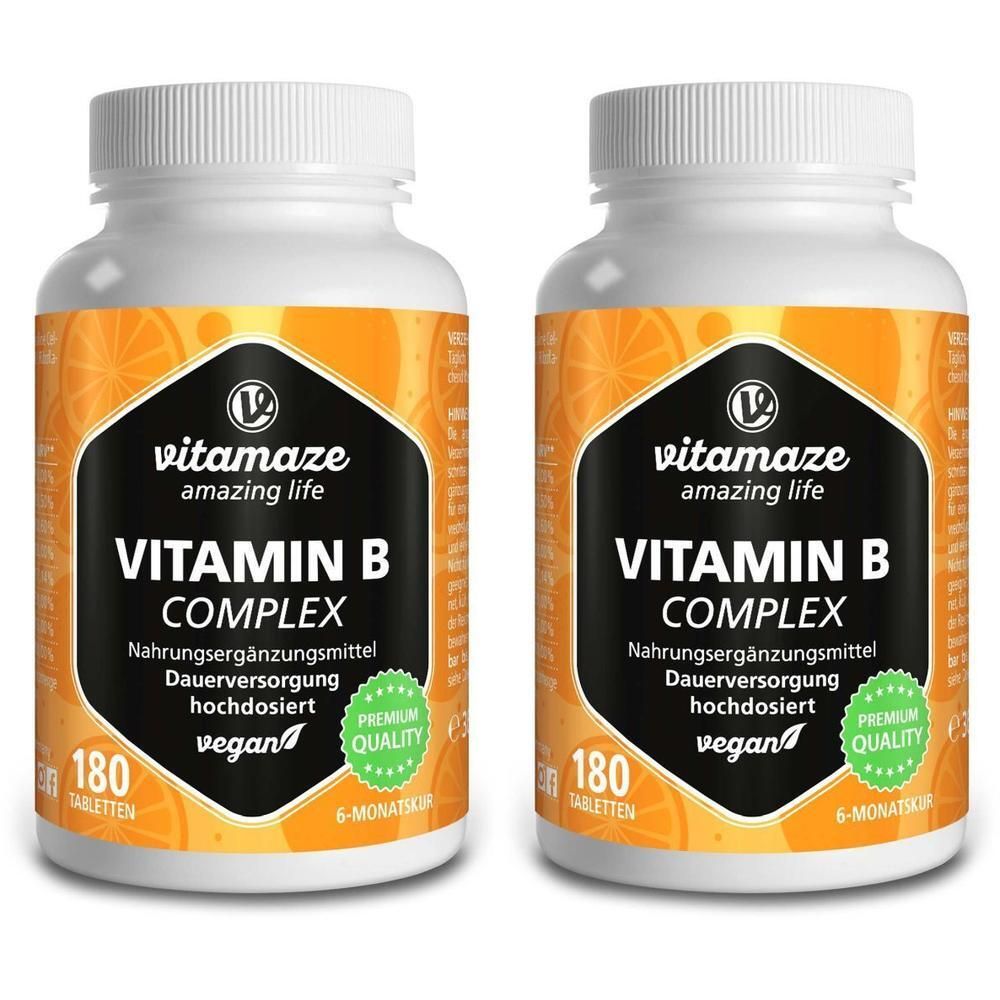 Zwei weiße Flaschen mit Schraubverschluss. Aufkleber mit „VITAMIN B COMPLEX“ und „vegan“. 180 Tabletten. Premium Qualität.