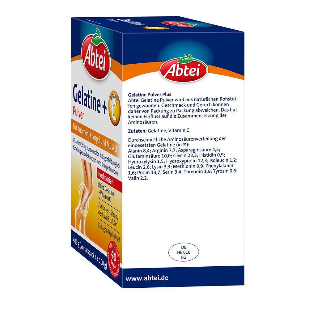 Abtei Gelatine Pulver Plus Verpackung. Blaue Schachtel mit Produktinformationen und Zutatenliste.